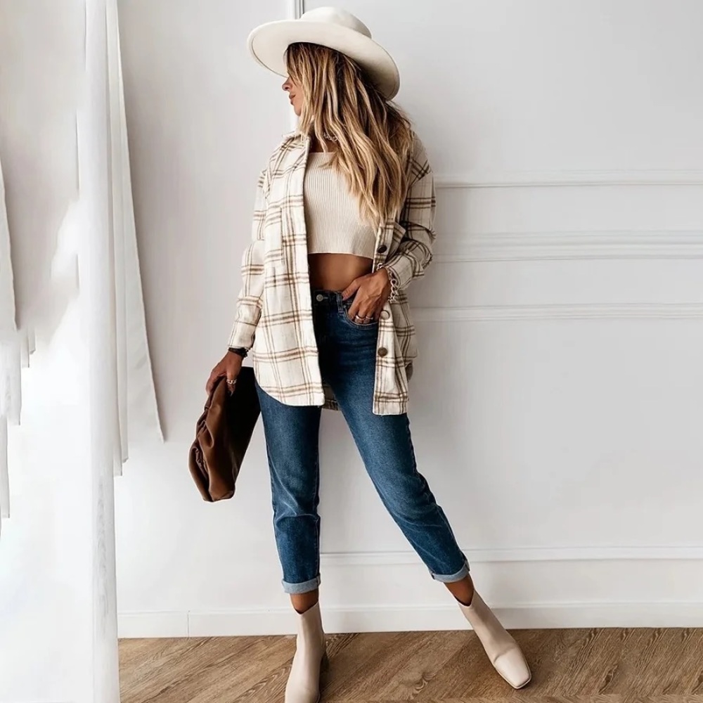 #30 tan cream plaid soft button down flannel long sleeve top light shacket - Picture 3 of 7